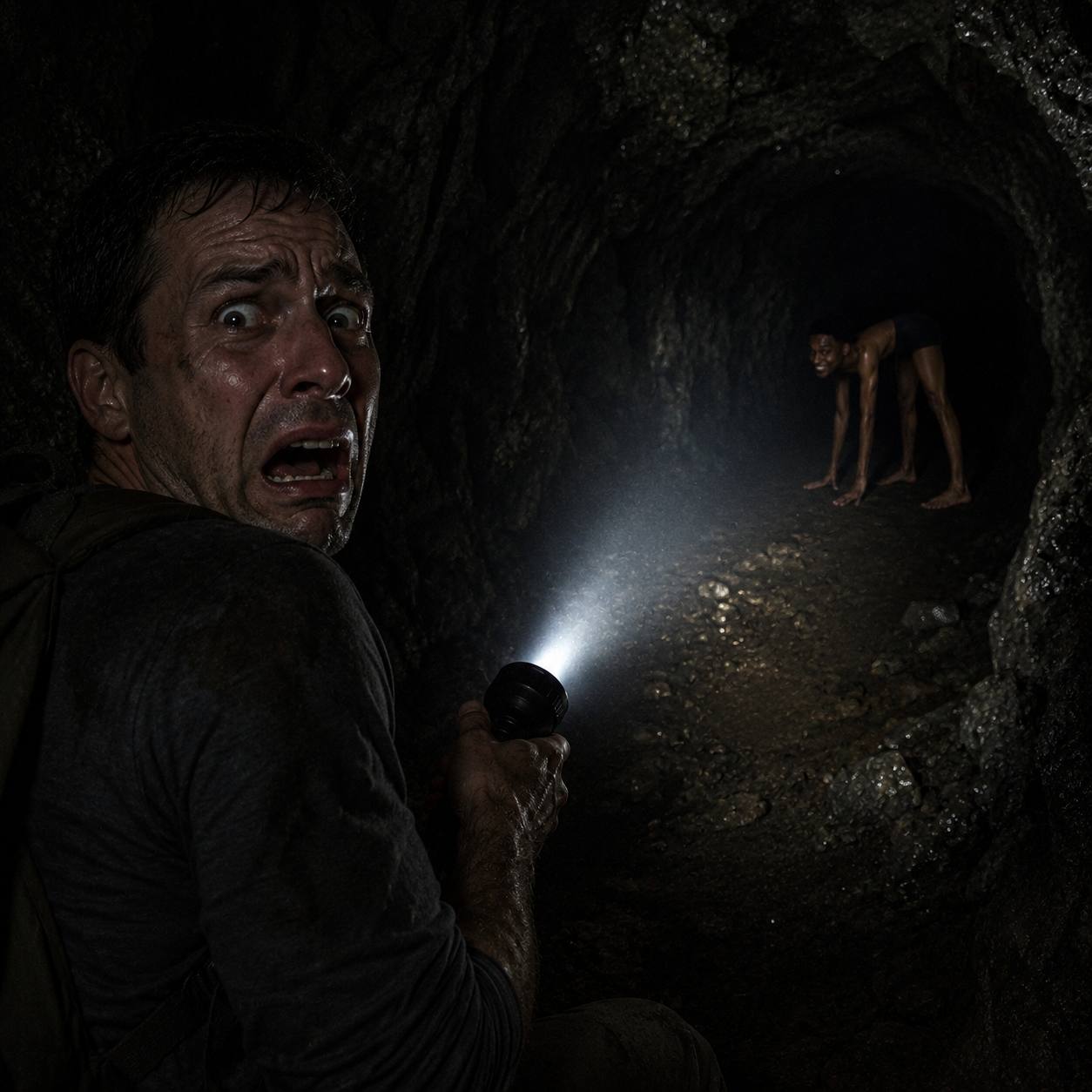 A flashlight cutting through a deep, ominous cave
